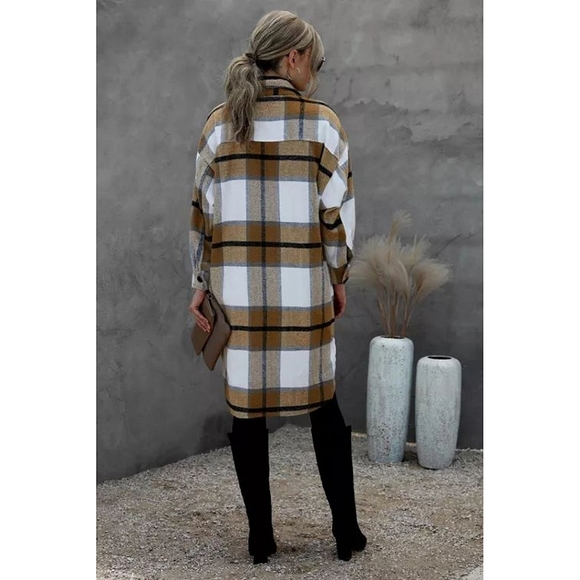 LAST ONE! Plus Size Brown Khaki Turn Down Collar Plaid Jacket - Picture 4 of 6